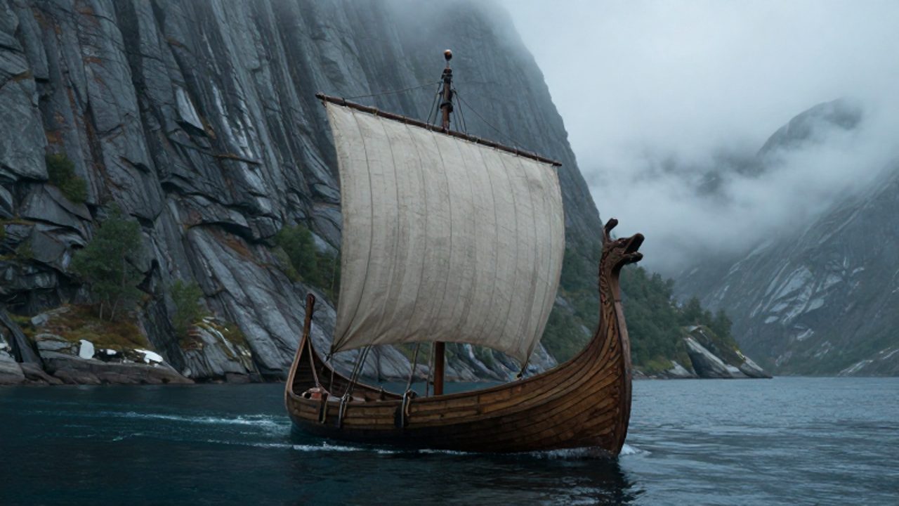 Un drakkar vikingo con cabeza de dragón navega por un fiordo escandinavo rodeado de acantilados y niebla.