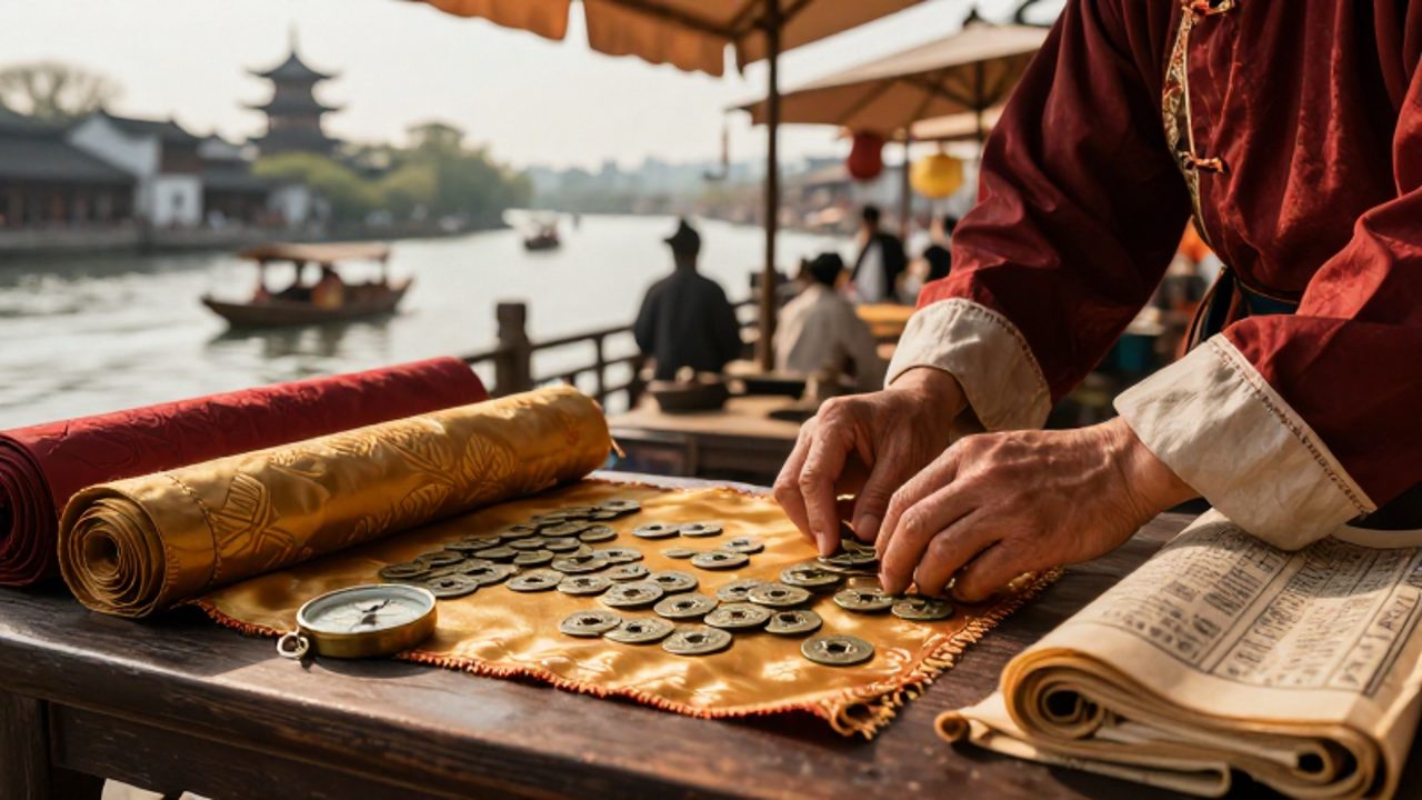 Manos de un comerciante de la dinastía Song inspeccionando monedas de bronce y rollos de seda sobre una mesa de madera en un mercado de una ciudad ribereña.