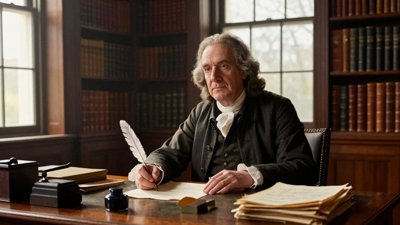 Benjamin Franklin sentado en un escritorio de madera en su estudio del siglo XVIII, escribiendo con una pluma sobre un pergamino rodeado de libros antiguos.
