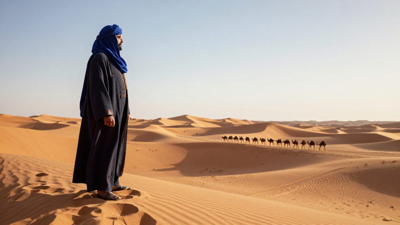 Líder bereber almorávide con velo índigo observa desde una duna una caravana de camellos que cruza el desierto del Magreb.