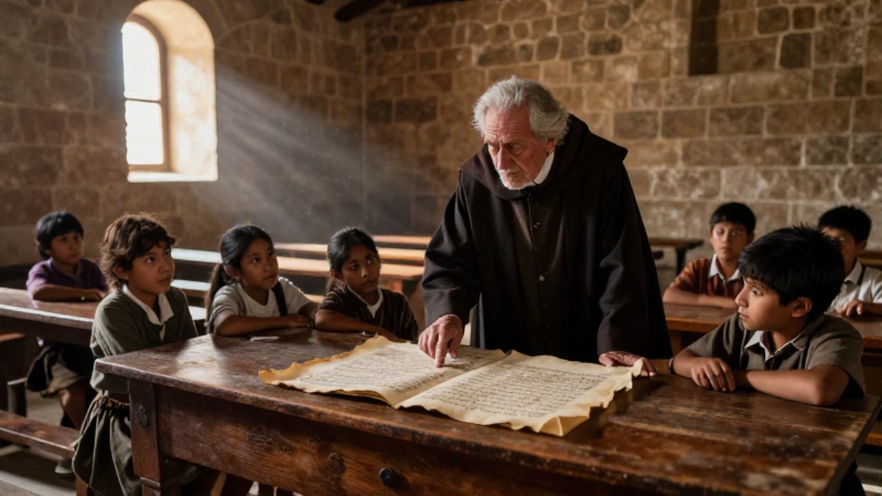 Un fraile señala un manuscrito antiguo a un grupo de niños indígenas en un aula de piedra de una escuela colonial del siglo XVI.