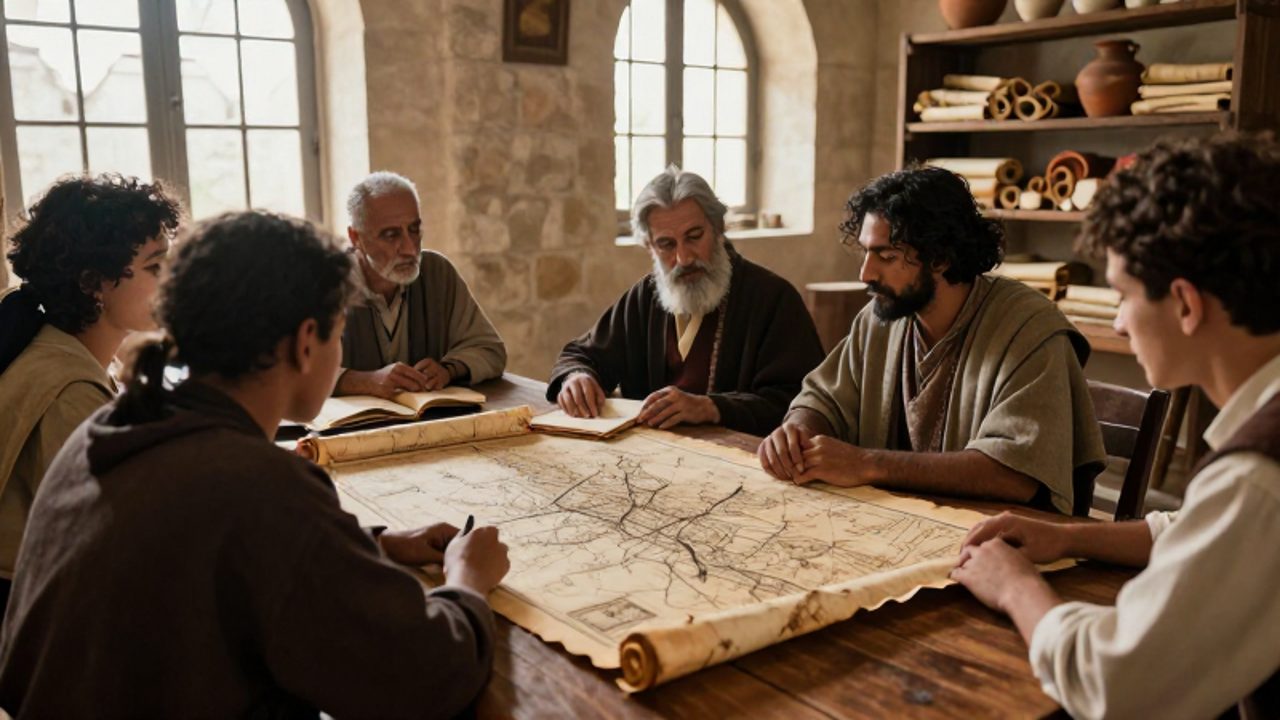 Grupo de viajeros y estudiantes de diversas etnias analizan un manuscrito antiguo sobre una mesa de madera en un estudio histórico.