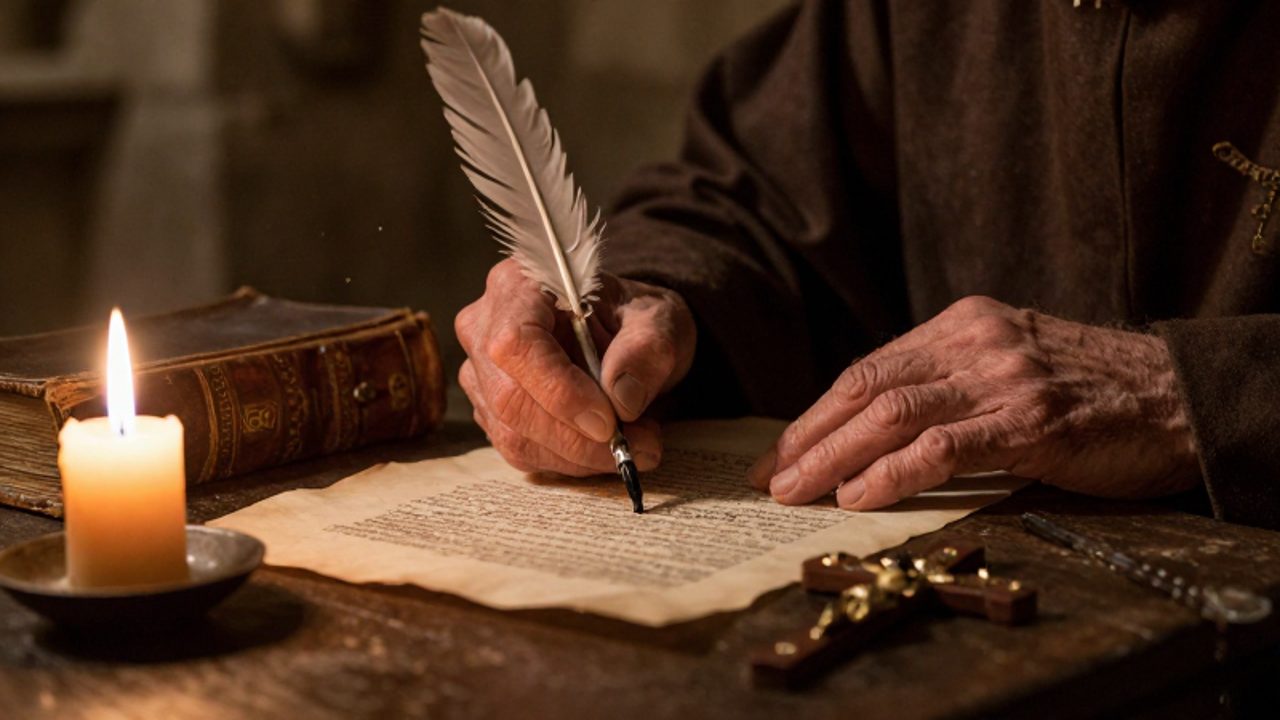 Manos de un monje escribiendo con pluma sobre un pergamino en un scriptorium medieval junto a un crucifijo y un manuscrito en latín.