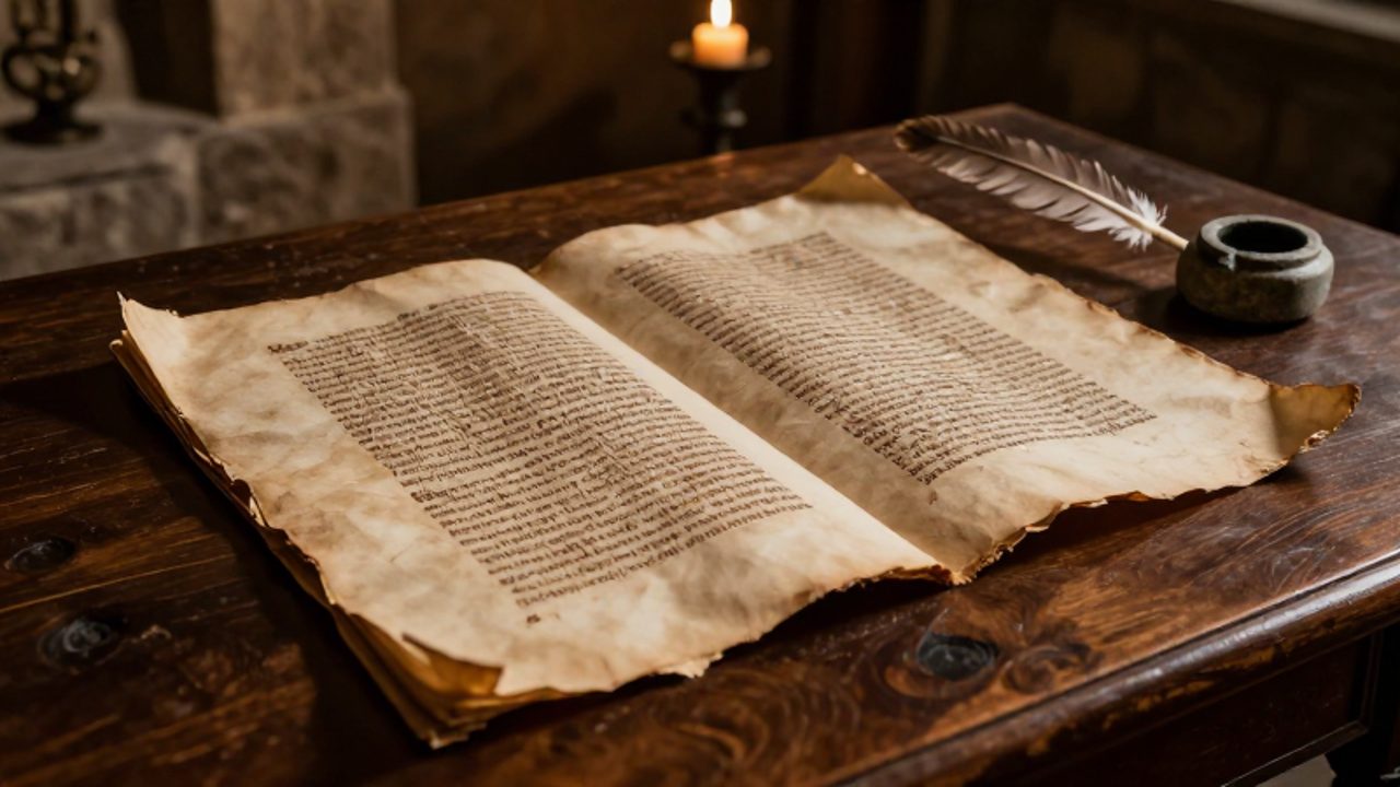 Manuscrito antiguo con caligrafía de runas inglesas sobre una mesa de madera junto a una pluma y un tintero.