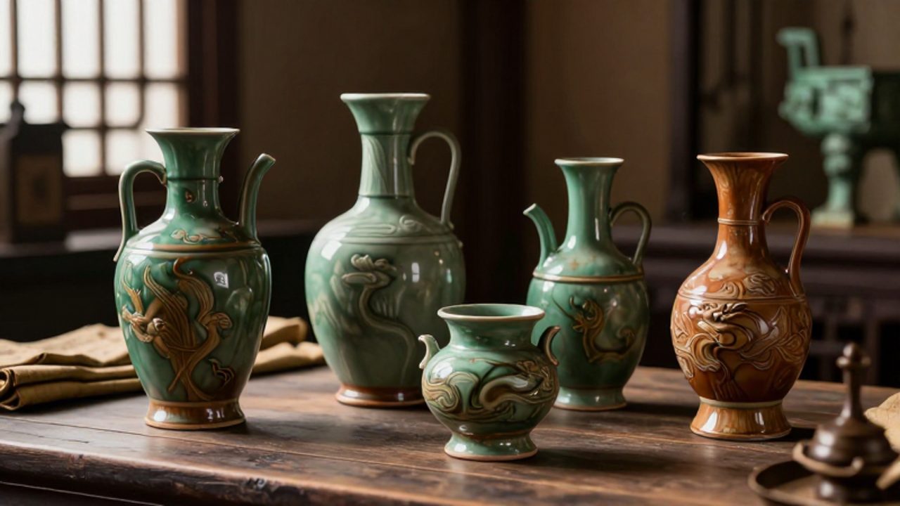 Colección de vasijas ceremoniales de la dinastía Han con acabados en esmalte verde y marrón y motivos de dragones sobre una mesa de madera.