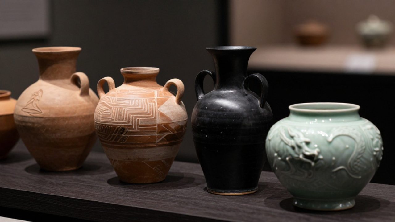 Colección de vasijas cerámicas chinas dispuestas sobre una superficie de madera, que muestran la transición desde piezas de barro neolíticas con patrones geométricos hasta piezas refinadas con esmalte verde.