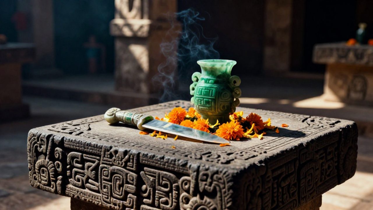 Un cuchillo de obsidiana y una vasija de jade descansan sobre un altar de piedra tallada con motivos aztecas, rodeados de pétalos de cempasúchil en el interior de un templo.