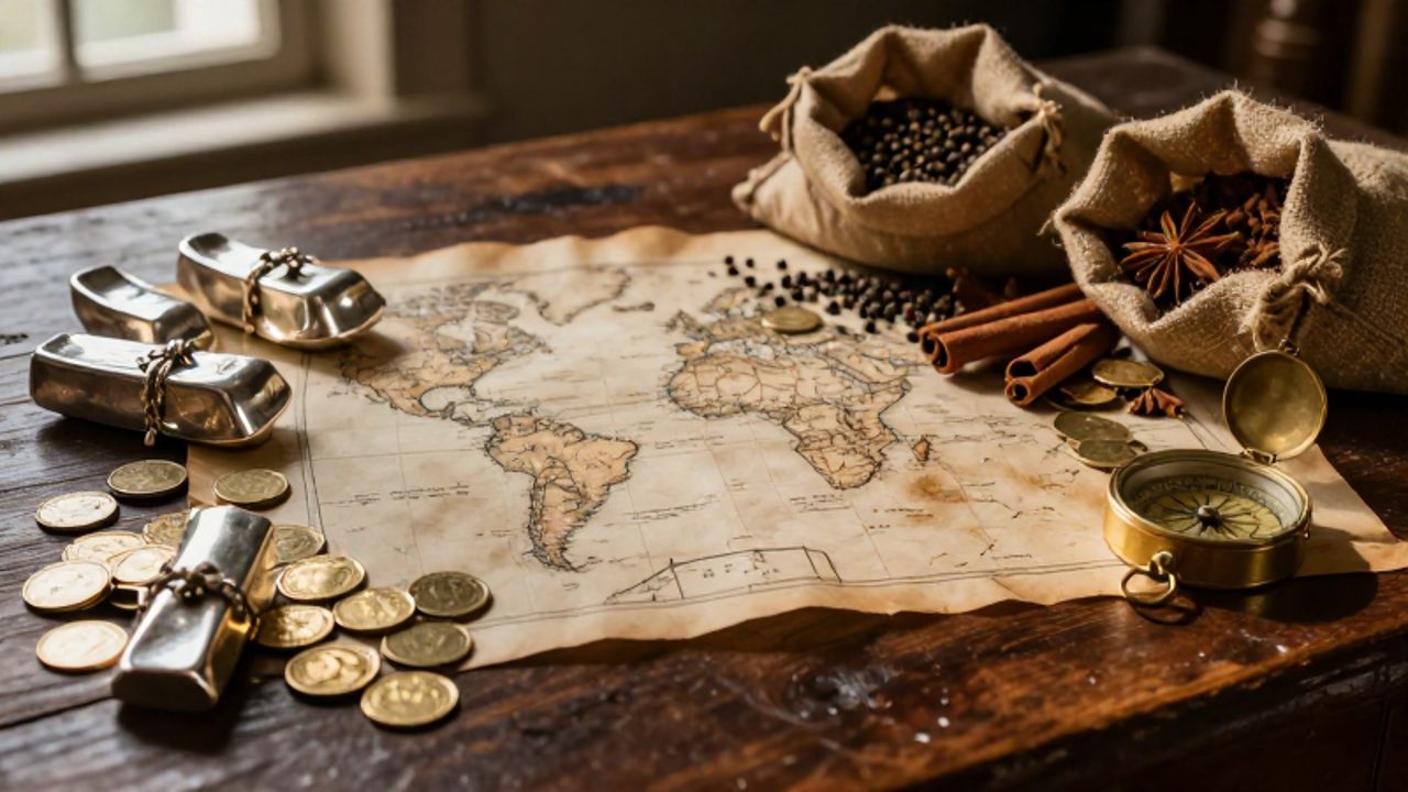 Objetos de comercio del siglo XVI, como lingotes de plata, monedas de oro, especias y un mapa antiguo sobre una mesa de madera.