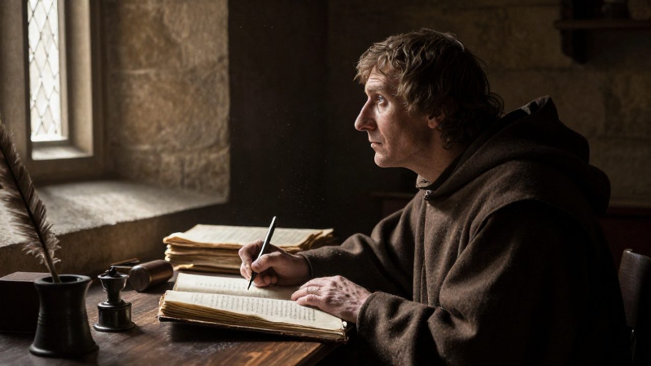 Un monje pensativo se detiene a mirar por la ventana de un monasterio medieval mientras escribe un manuscrito sobre un escritorio de madera.