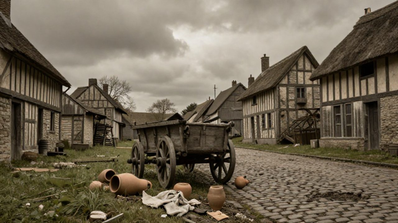 Calle desierta de un pueblo medieval con un carro volcado y restos de objetos abandonados bajo un cielo nublado.