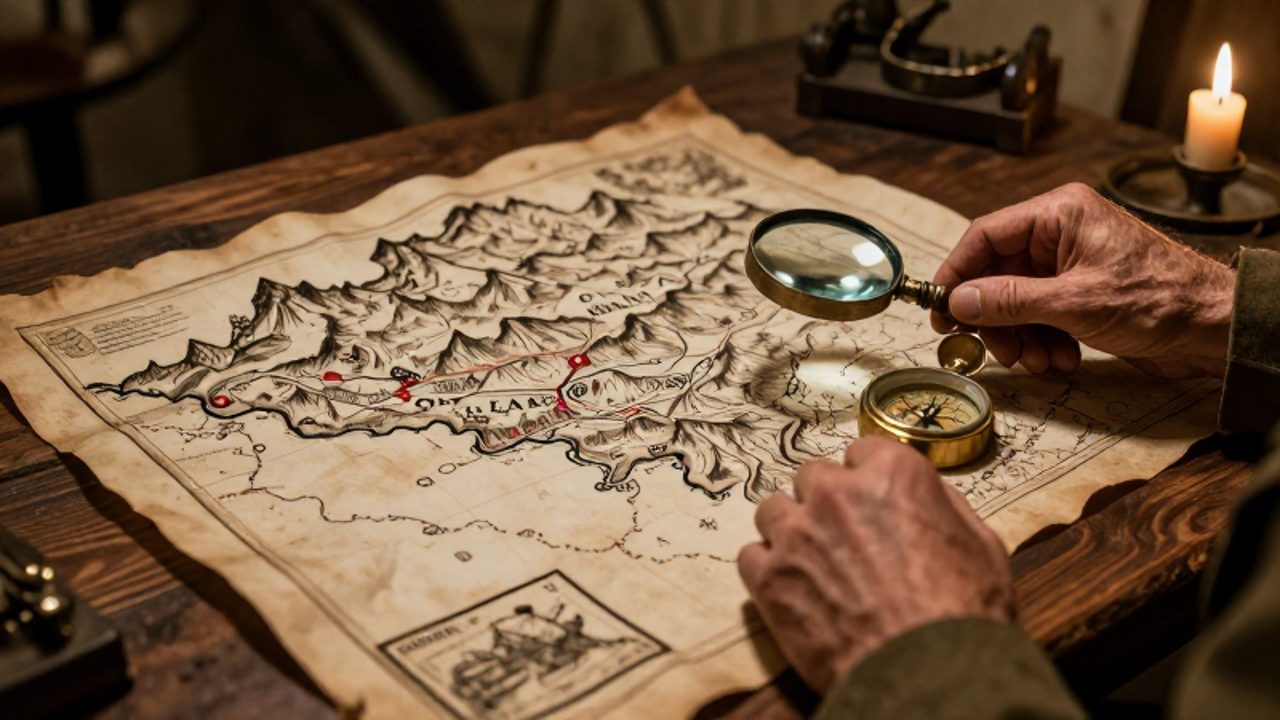 Manos de un oficial ajustando un compás y una lupa sobre un mapa antiguo de relieve montañoso en una mesa de madera.