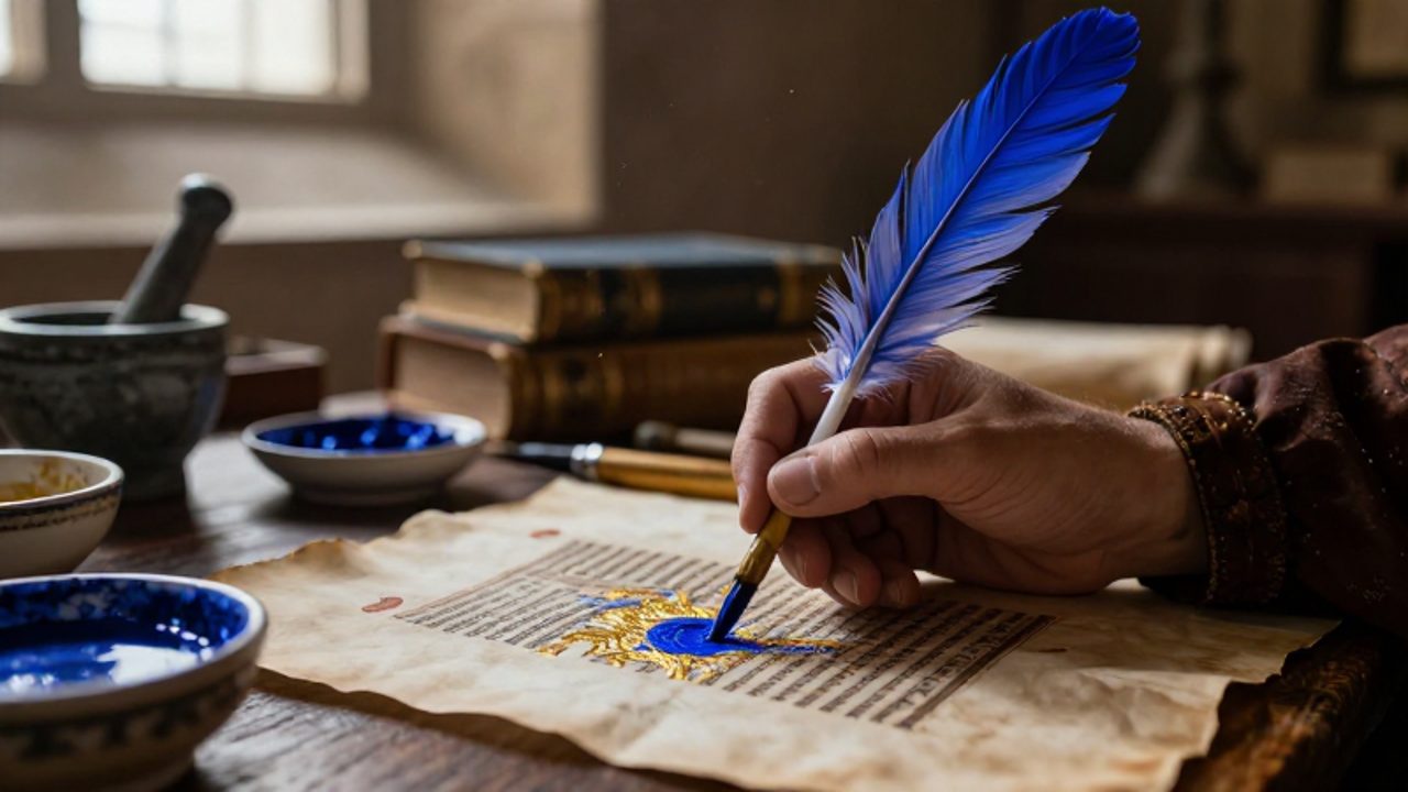 Mano de un escriba aplicando pigmento azul sobre una iluminación con pan de oro en un pergamino antiguo dentro de un scriptorium.