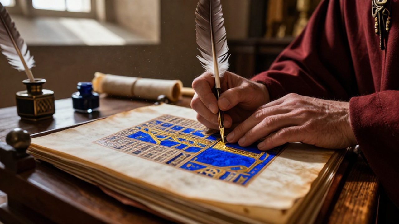Manos de un monje medieval aplicandodescuida pan de oro sobre una letra decorada en un manuscrito iluminado dentro de un scriptorium.