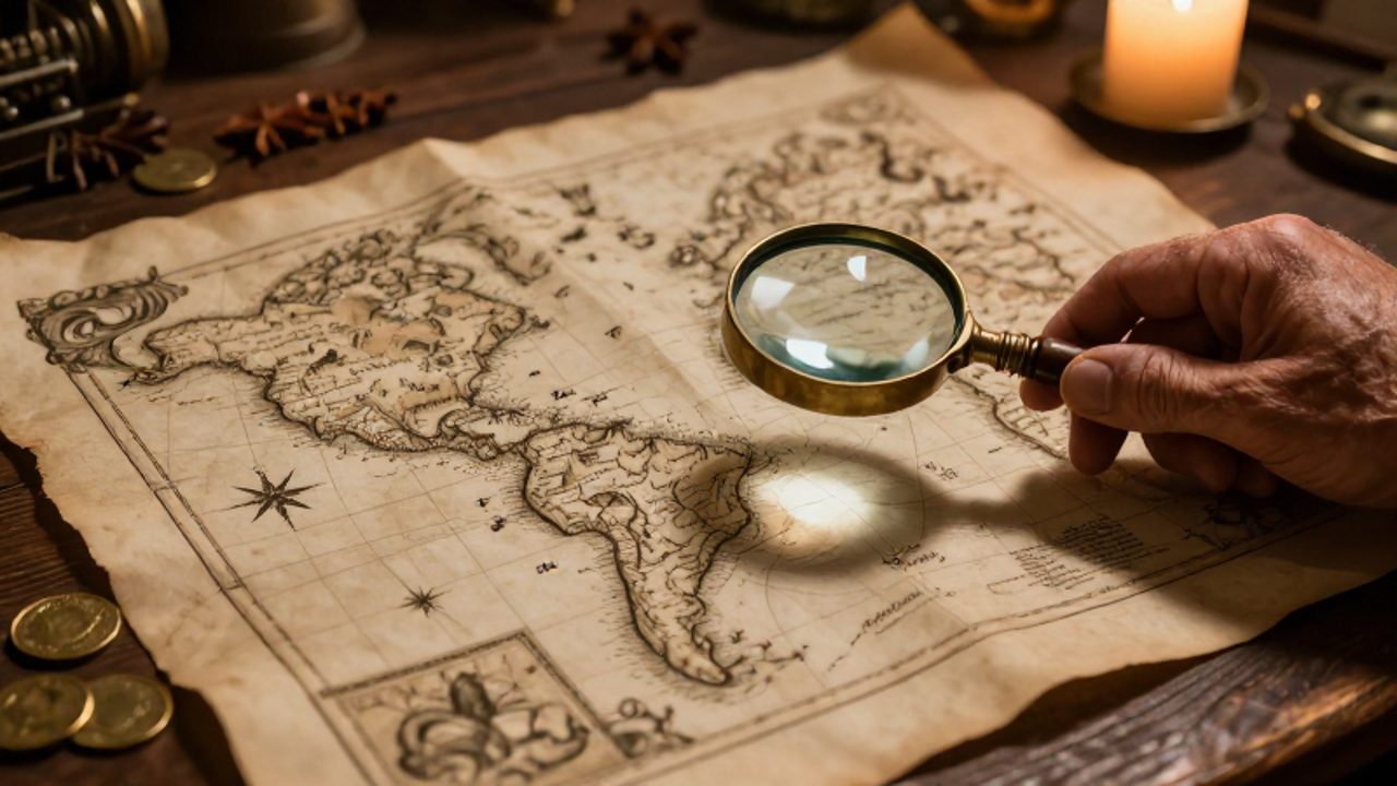 Unas manos sostienen una lupa sobre un mapa antiguo del siglo XVI que muestra islas inexistentes, rodeado de monedas de oro y especias sobre una mesa de madera.