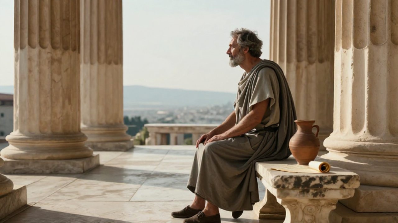 Un filósofo de mediana edad medita sentado en un banco de mármol dentro de una antigua columnata griega bajo la luz del sol.