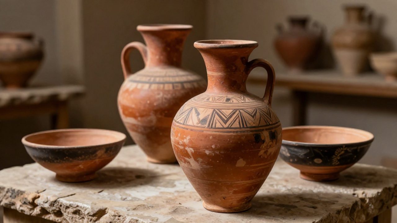 Variedad de vasijas de cerámica ibérica con motivos geométricos dispuestas sobre una superficie de piedra.