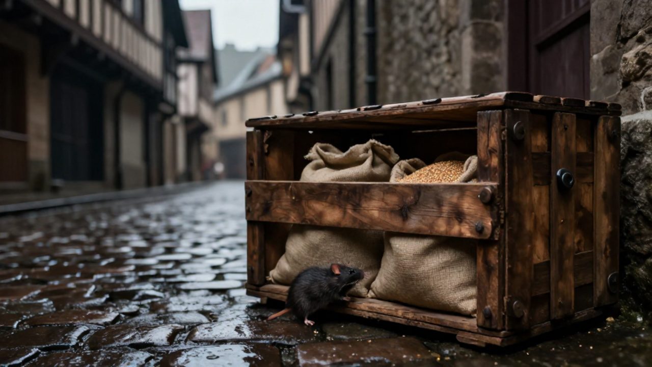 Una rata se acerca a un cajón de madera con sacos de grano en un callejón medieval estrecho y sombrío.