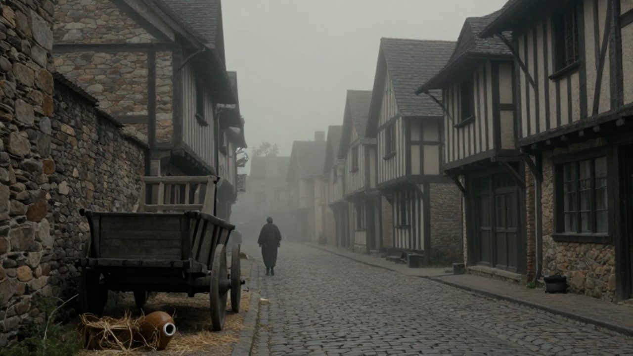 Callejón medieval desierto y brumoso con un carro de madera abandonado y una figura solitaria alejándose entre las casas de madera.