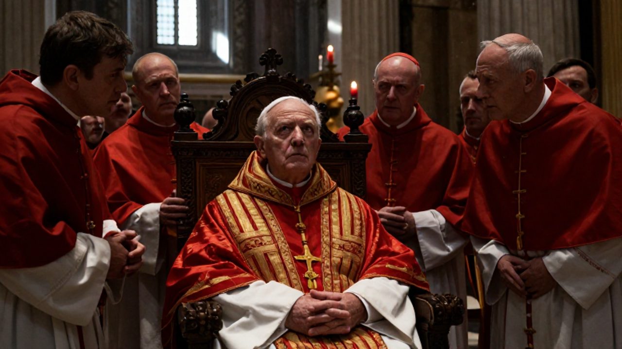 El Papa Urbano VI, con vestiduras litúrgicas rojas y doradas, se sienta en un trono de madera rodeado de cardenales en medio de una tensa deliberación en una basílica romana.