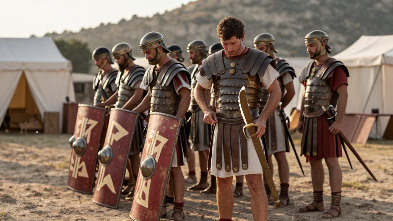 Soldados de una centuria romana preparan su equipo de combate, incluyendo escudos y armaduras, en un campamento militar al amanecer.