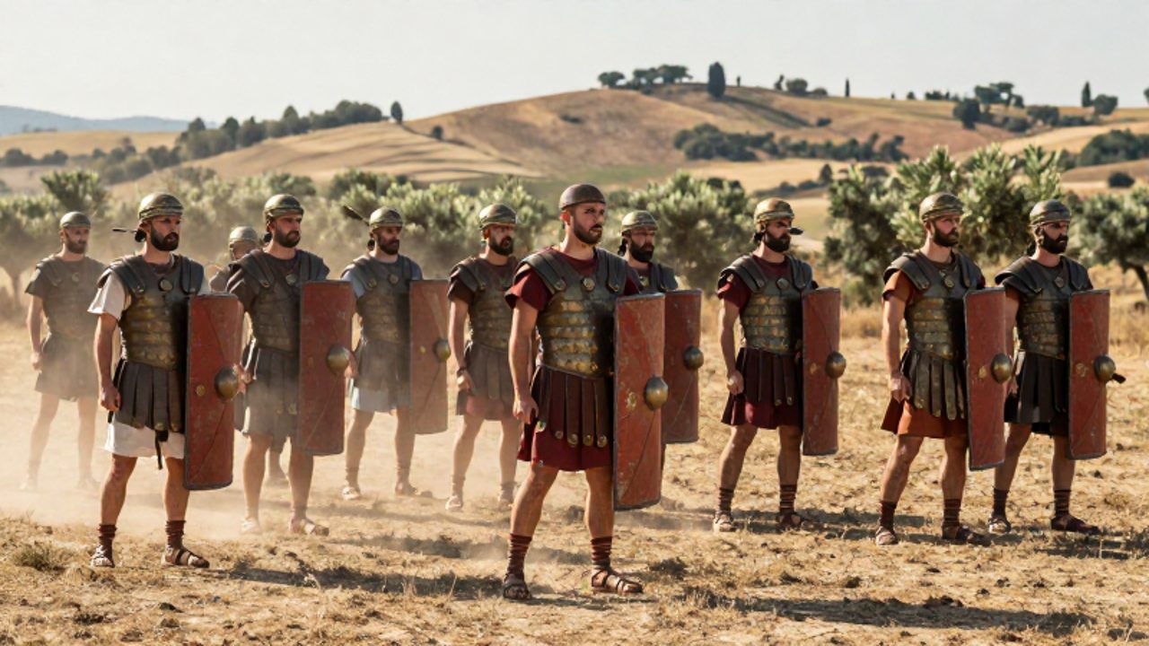 Soldados ciudadanos de la temprana República romana entrenan en formación táctica sobre una llanura mediterránea con escudos de madera y armaduras de bronce.