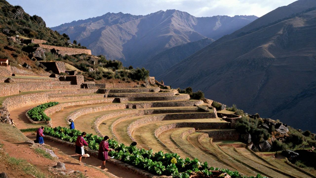 Agricultores andinos con vestimenta tradicional cultivan terrazas de piedra escalonadas en una montaña escarpada bajo la luz del amanecer.