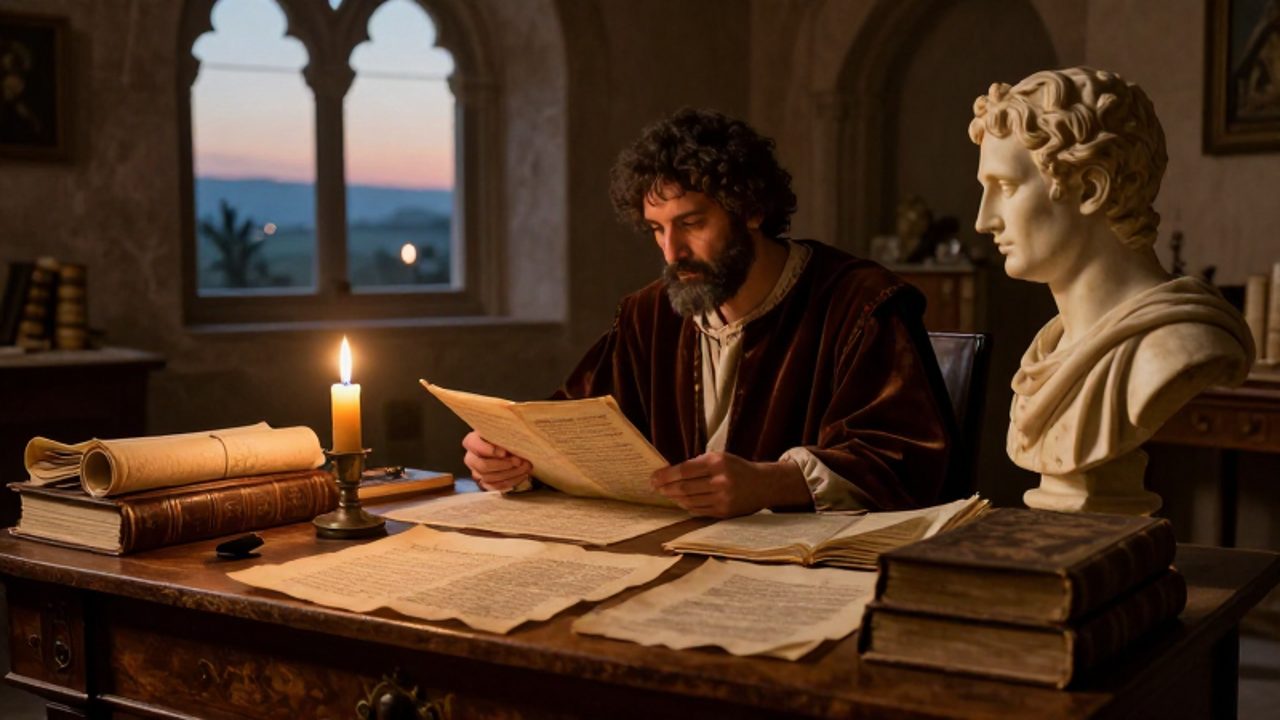 Un estudioso del Renacimiento analiza un manuscrito antiguo en un escritorio lleno de pergaminos y una escultura de mármol de Séneca a la luz de una vela.