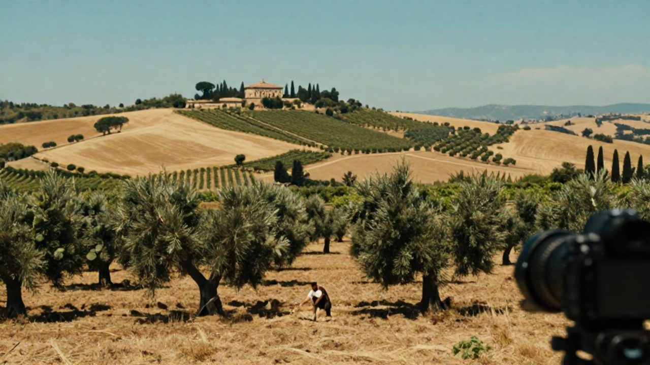 Paisaje agrícola romano con campos de trigo, olivos y viñedos bajo un cielo despejado, donde un campesino trabaja la tierra cerca de una villa clásica.