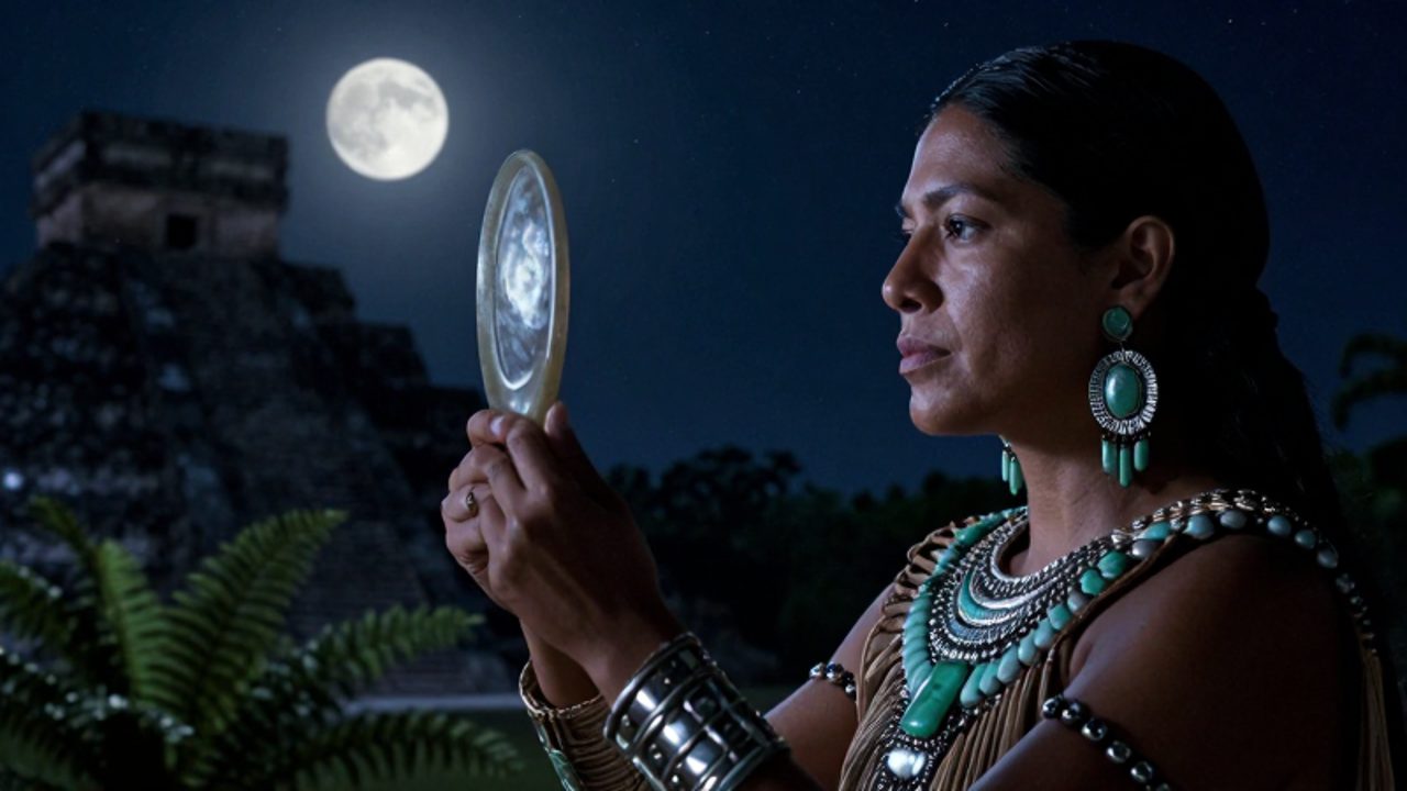 Una sacerdotisa mesoamericana con adornos de jade sostiene un espejo de obsidiana bajo la luz de una luna llena frente a una pirámide.
