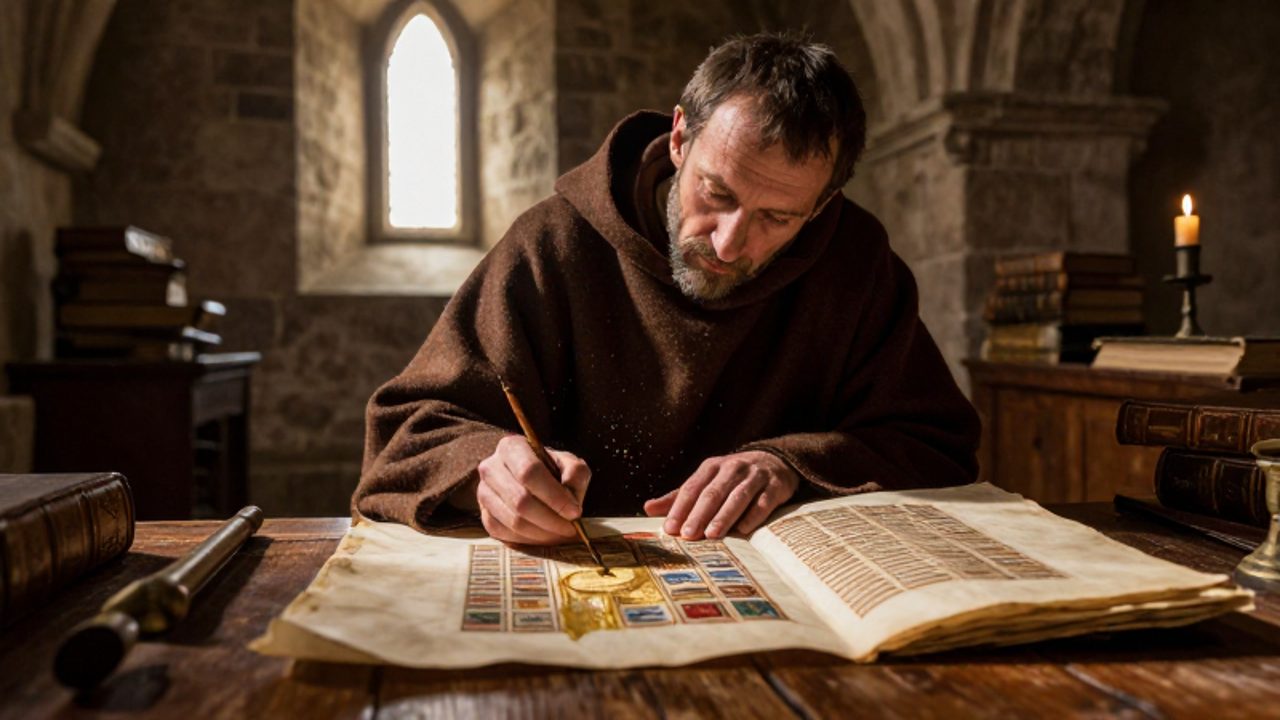 Un monje medieval con hábito marrón ilumina meticulosamente un manuscrito con pan de oro en el scriptorium de un monasterio de piedra.