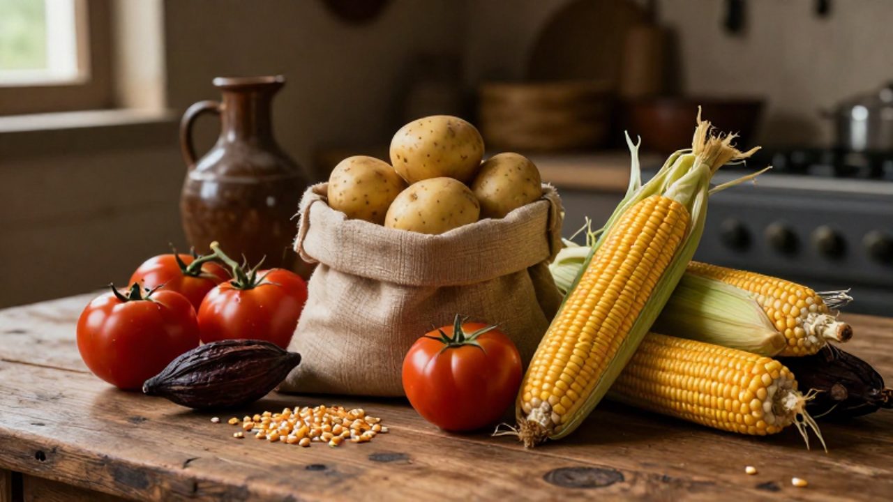 Variedad de cultivos americanos como patatas, tomates, maíz y cacao dispuestos sobre una mesa de madera en una cocina antigua.