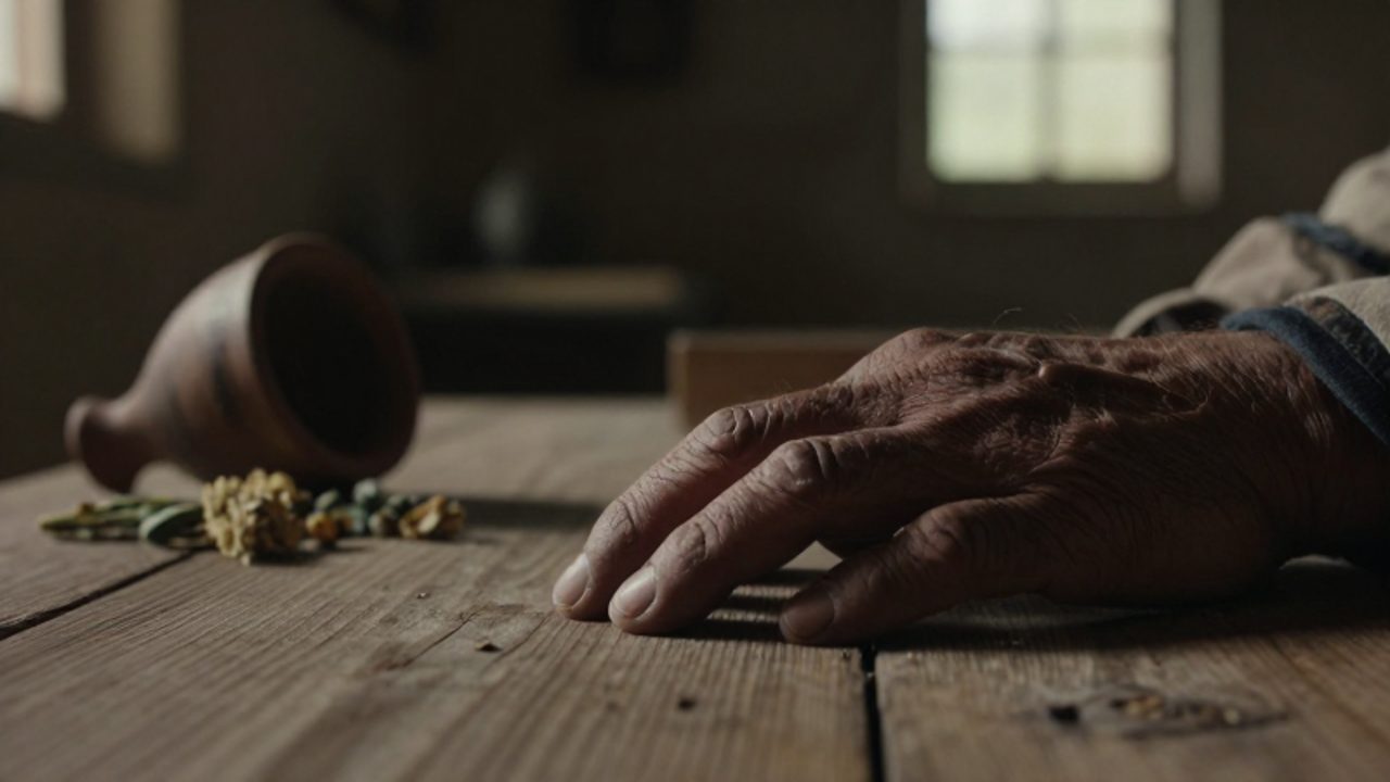 Una mano indígena envejecida y temblorosa descansa sobre una superficie de madera junto a una vasija de barro rota, evocando la crisis demográfica del periodo colonial.