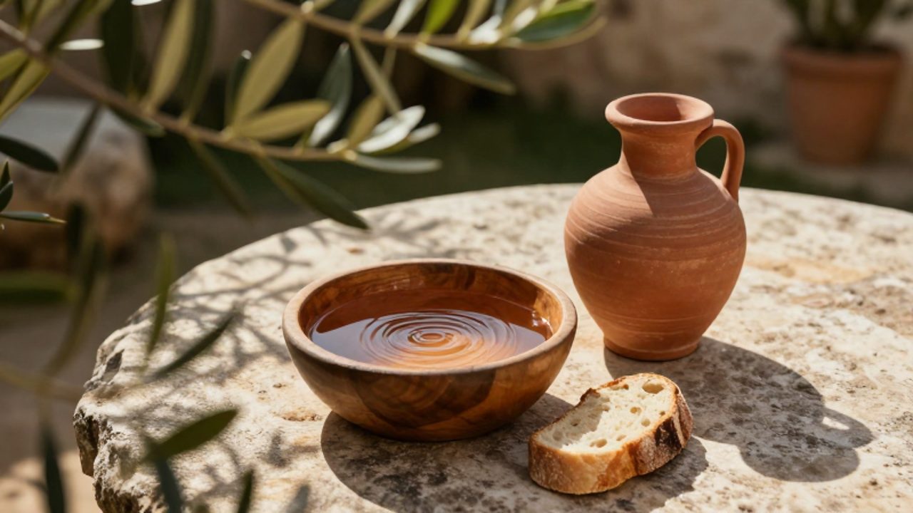 Un cuenco con agua y un trozo de pan sobre una mesa de piedra en un jardín mediterráneo, representando los deseos naturales y necesarios.