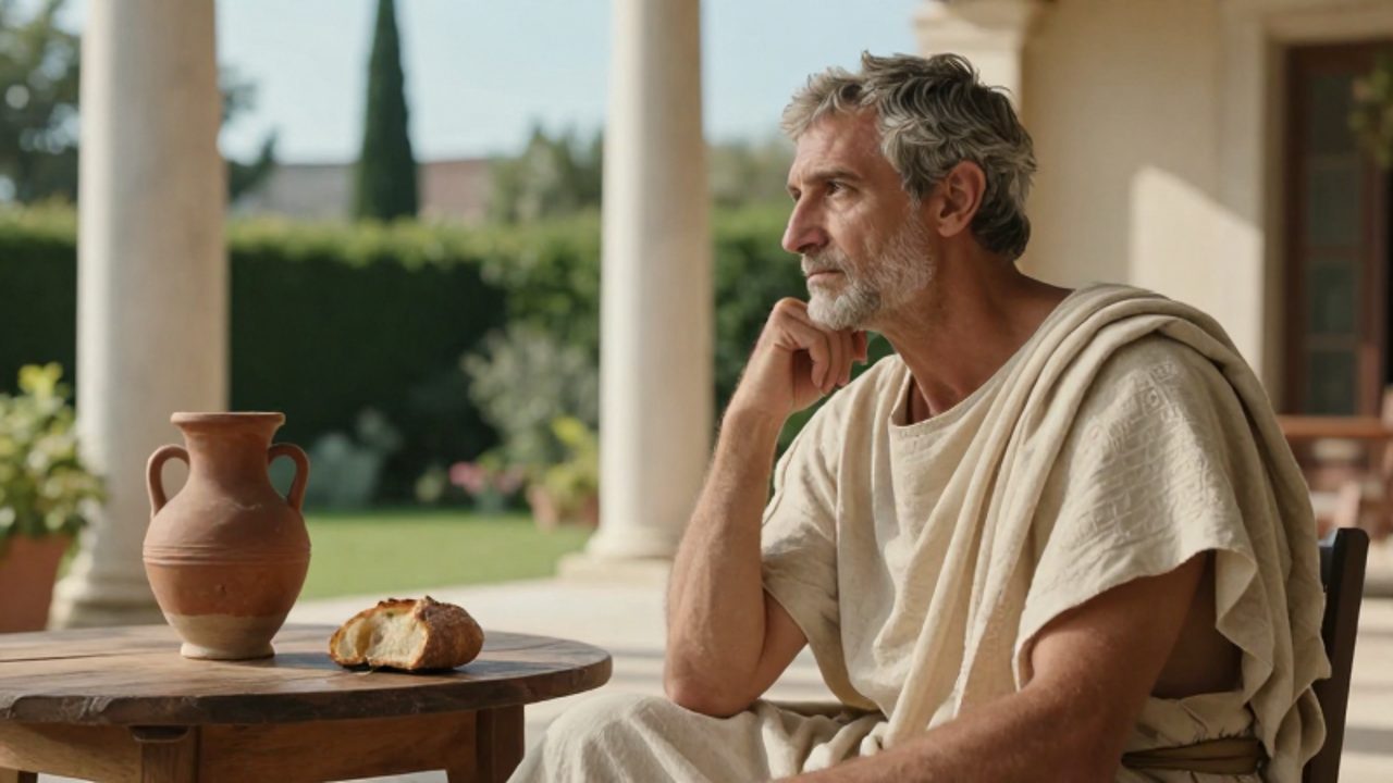 Filósofo griego sentado en un jardín con columnas de mármol, contemplando con serenidad una mesa con pan y agua.