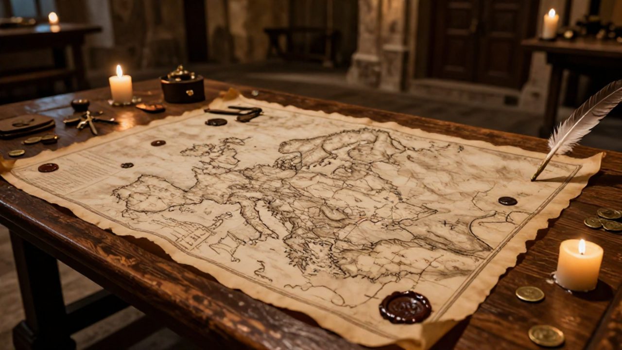 Mapa antiguo de Europa Central sobre una mesa de madera en una cámara medieval, rodeado de plumas, sellos de cera y velas.