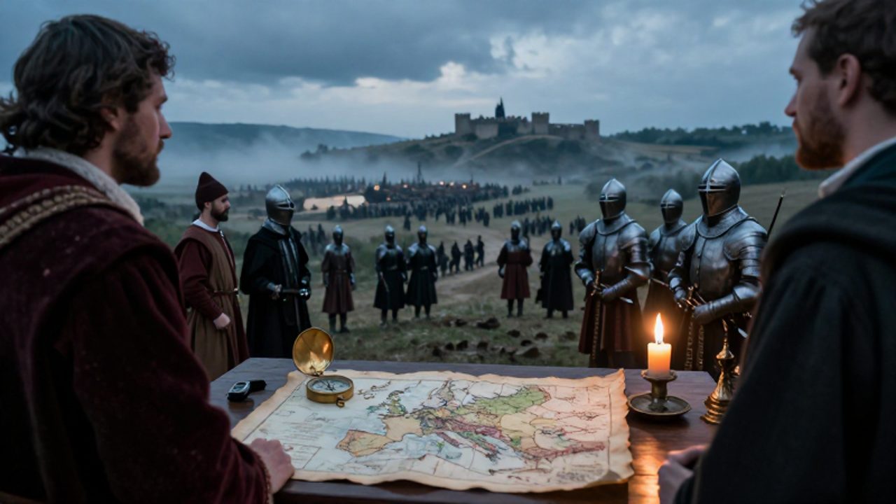 Enviados europeos y centinelas observan desde un puesto fortificado un mapa de los Balcanes y el campamento militar otomano que se eleva en el horizonte.