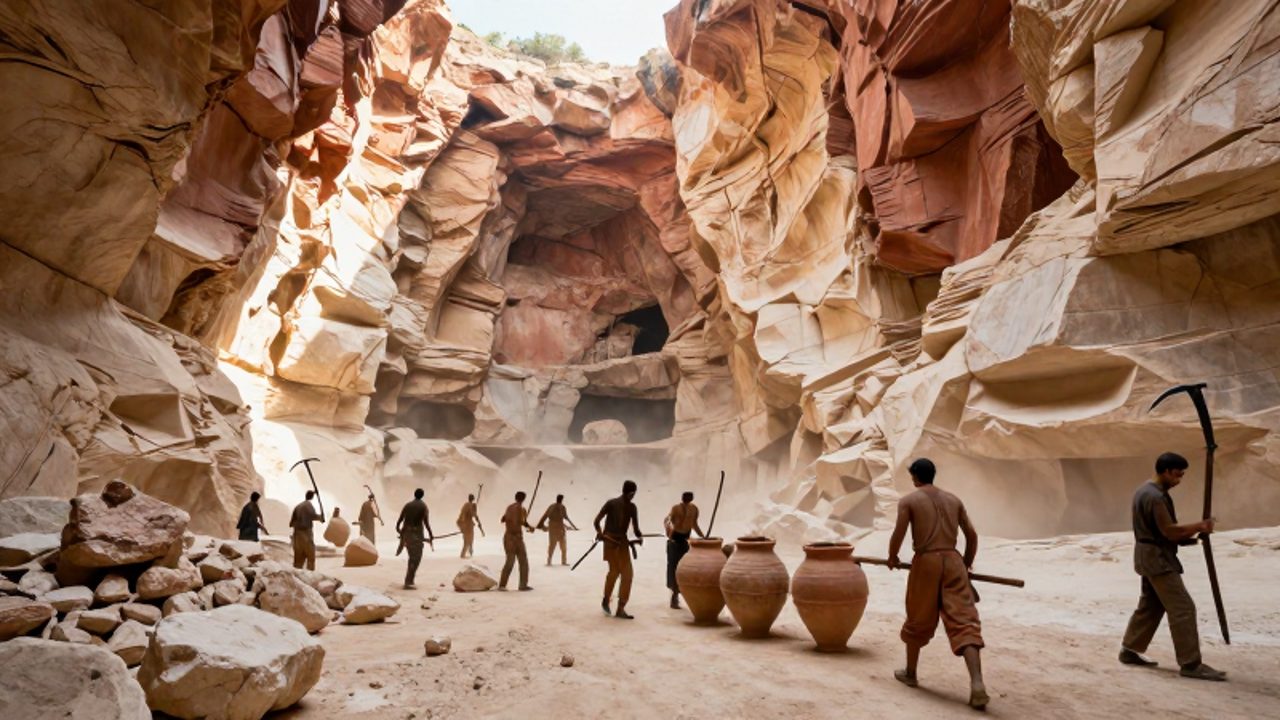 Mineros romanos extraen minerales con picos de hierro en una cantera de piedra caliza de grandes dimensiones y paredes escalonadas.