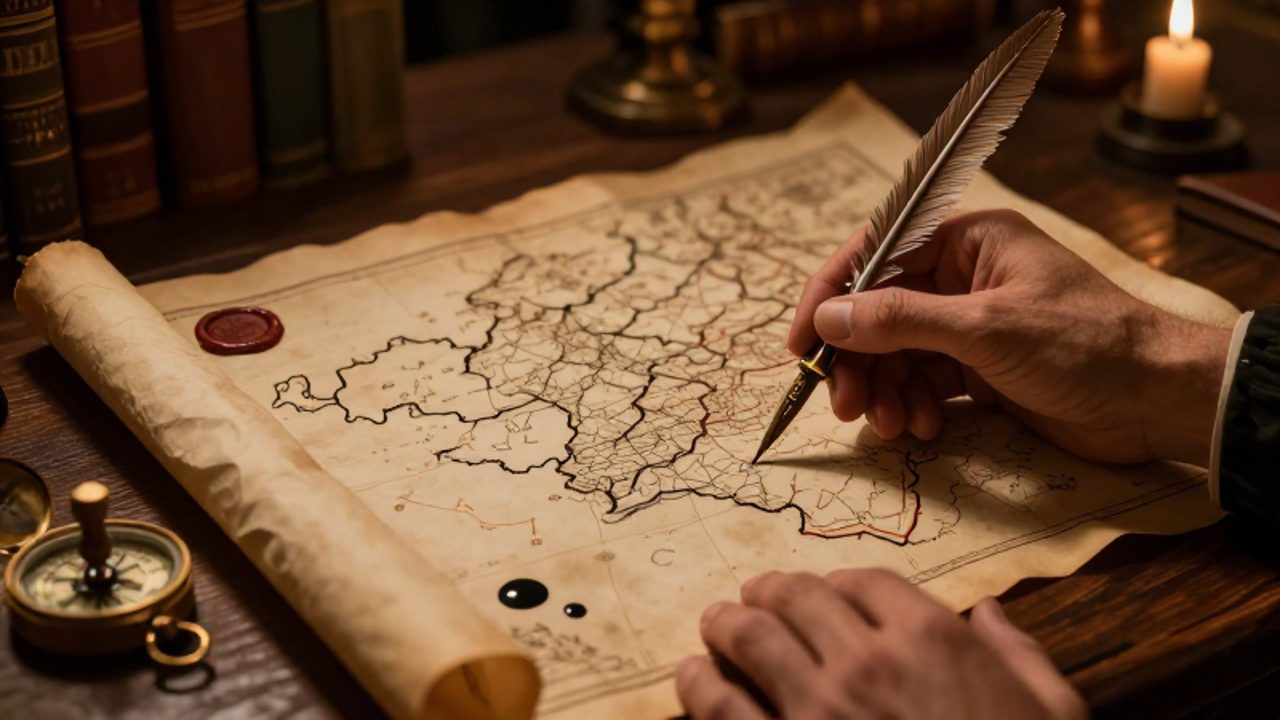 Unas manos marcan nuevos límites territoriales sobre un mapa antiguo con un compás y una pluma en un escritorio de madera.