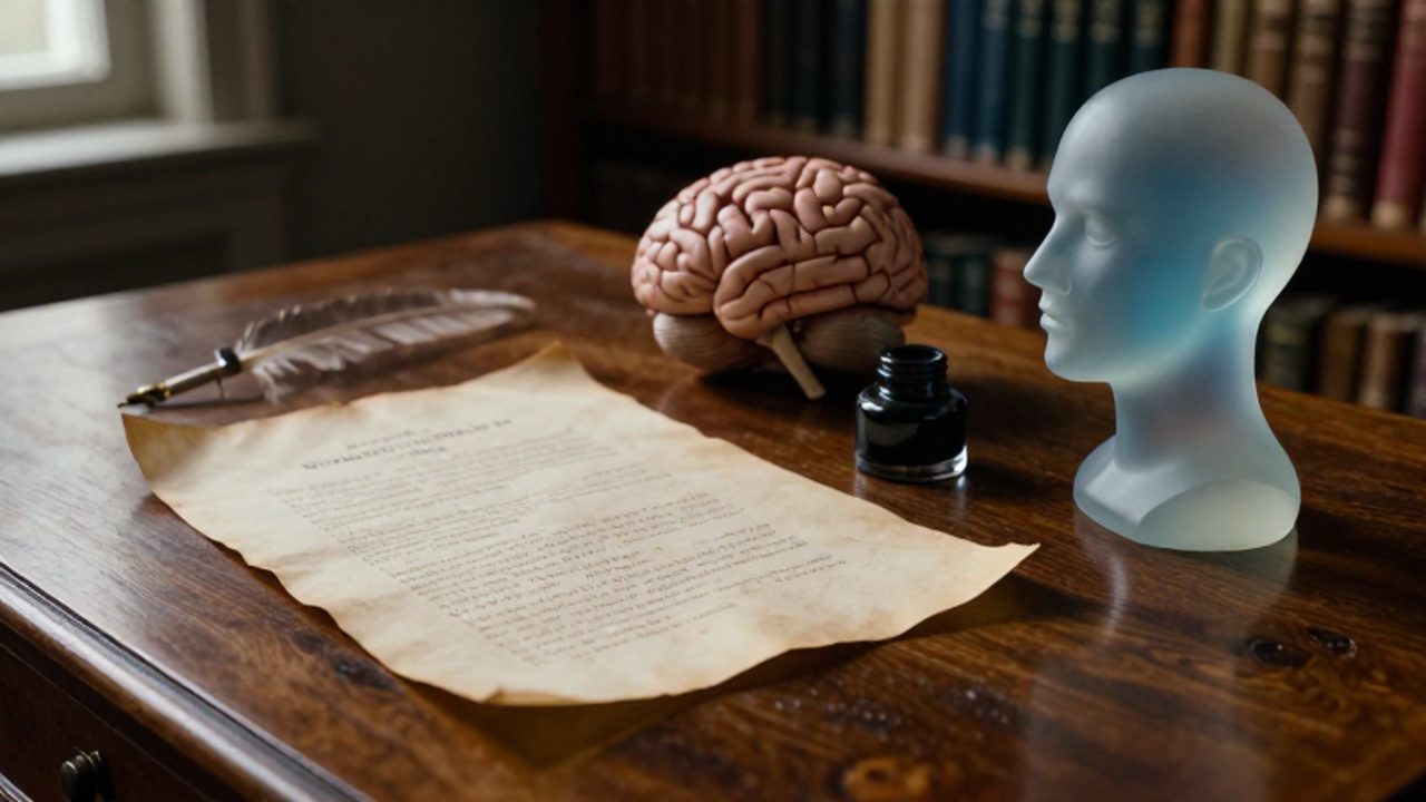 Un pergamino antiguo con una pluma junto a un modelo anatómico de un cerebro humano y una silueta de cristal sobre un escritorio de madera.