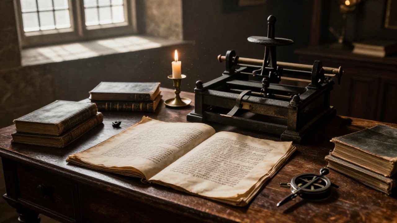 Escritorio de un académico del siglo XVI con manuscritos antiguos, libros y una prensa de imprenta bajo la luz de un ventanal de piedra.