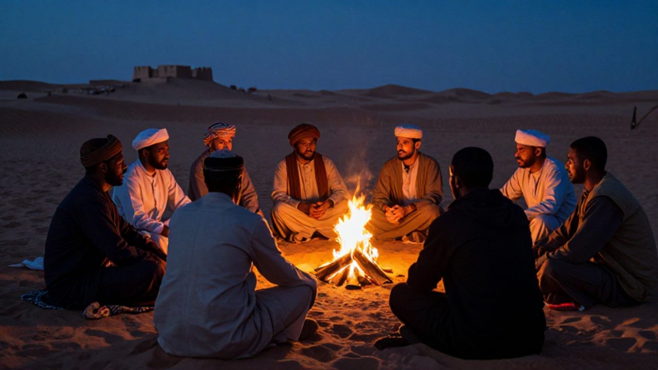 Grupo de líderes tribales nómadas en el desierto discutiendo intensamente alrededor de una fogata al anochecer.