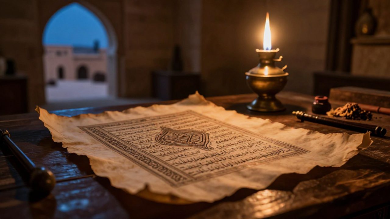 Manuscrito antiguo con caligrafía árabe sobre un escritorio de madera iluminado por una lámpara de aceite en un estudio medieval.