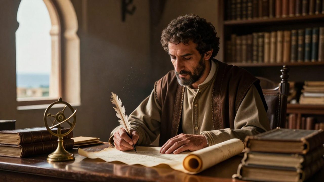 Un erudito del siglo XIV escribe con una pluma de caña sobre pergaminos en un estudio histórico lleno de manuscritos antiguos.