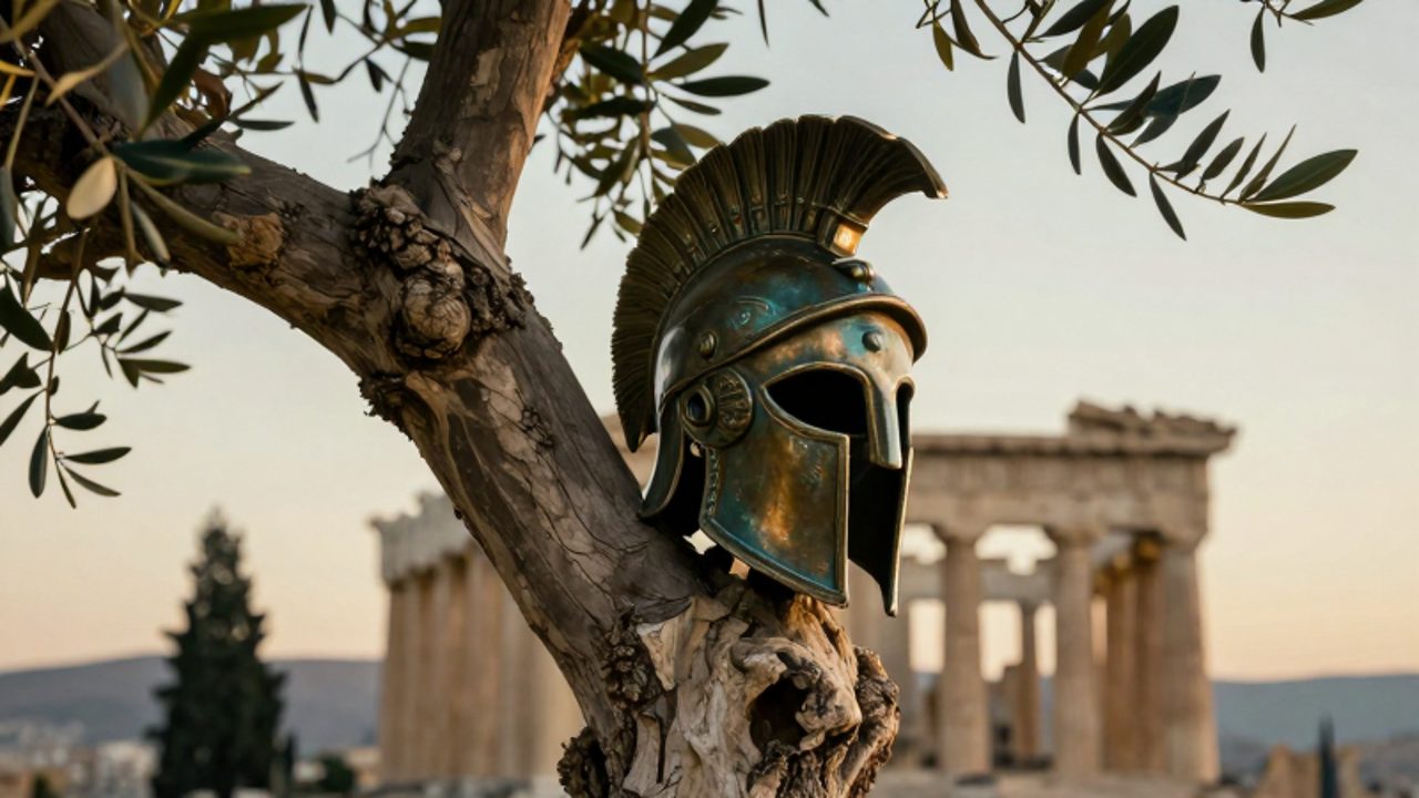 Un casco de bronce corintio apoyado sobre la rama de un olivo antiguo con las columnas del Partenón al fondo bajo la luz del atardecer.