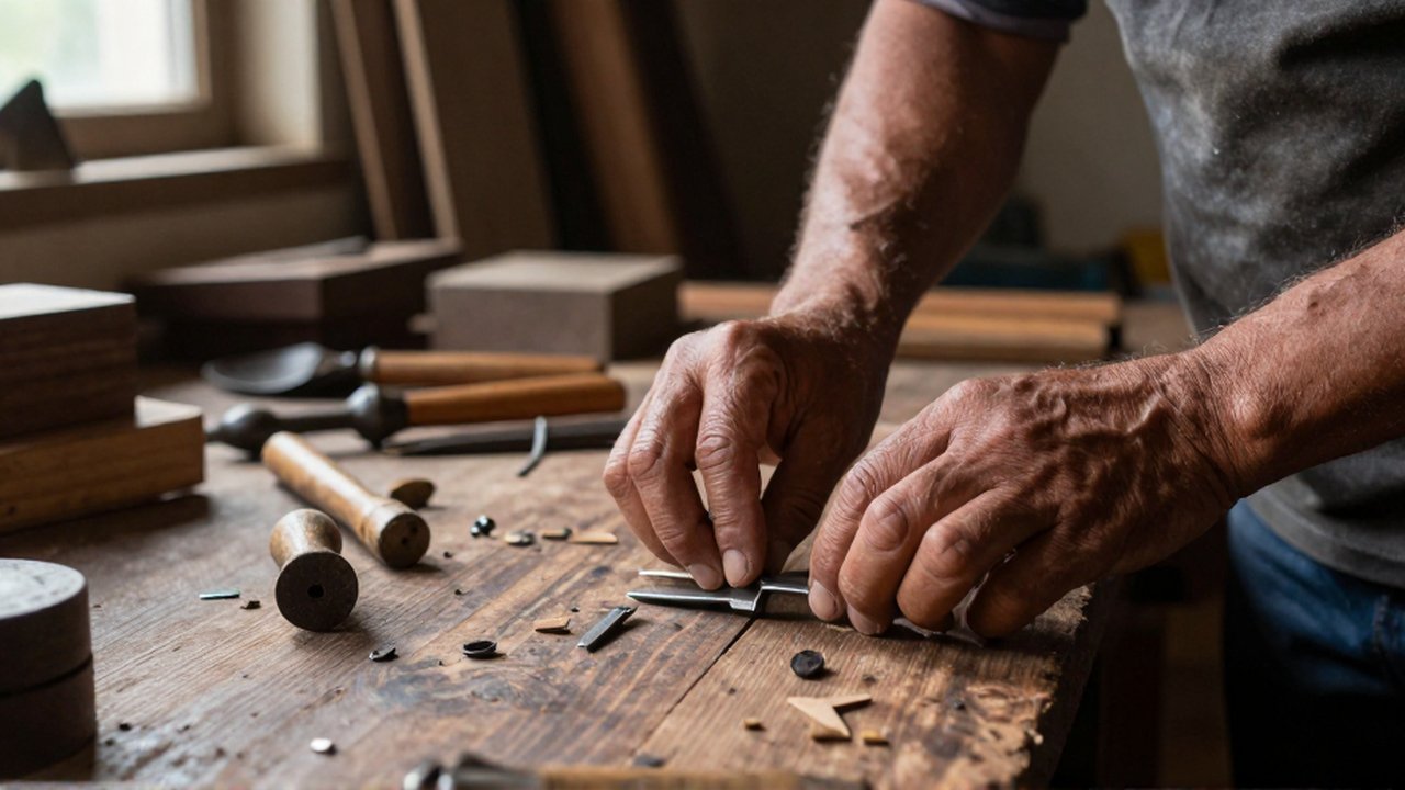 Unas manos organizan herramientas de madera antiguas y piezas metálicas sobre un banco de trabajo rústico.