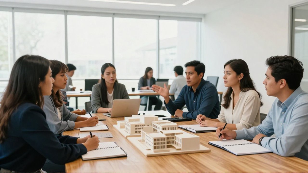 Grupo de profesionales conversan alrededor de una mesa con modelos arquitectónicos y libros en un espacio moderno.