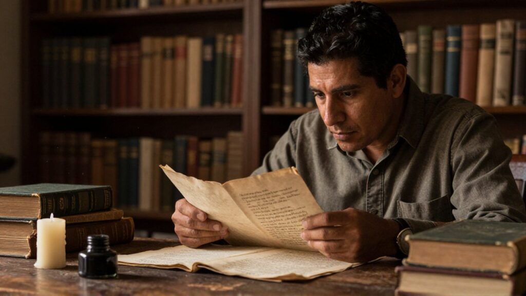 Un hombre lee libros antiguos y manuscritos sobre una mesa de madera en un estudio oscuro.