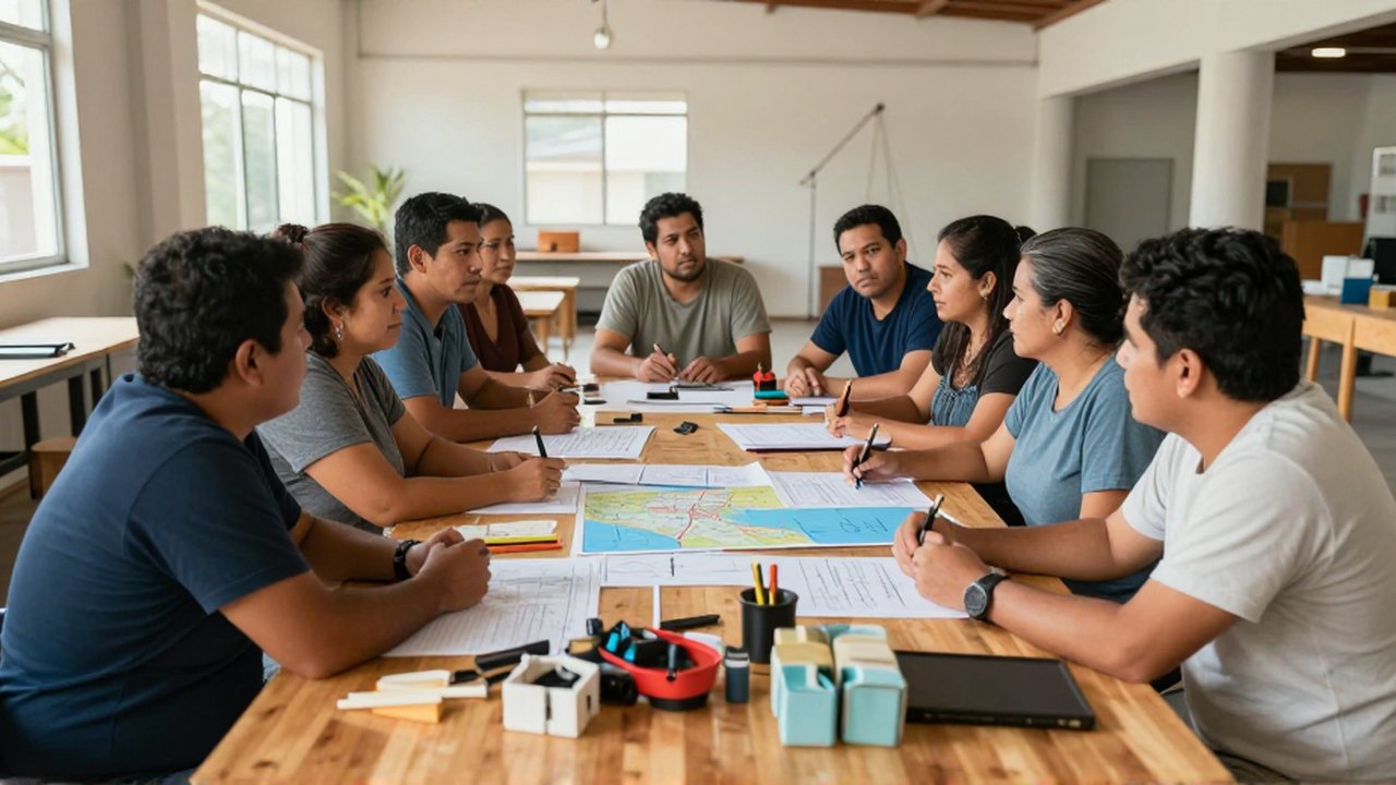 Personas colaboran alrededor de una mesa con planos y suministros en un taller comunitario luminoso.