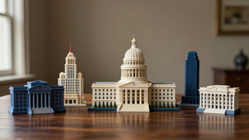 Maquetas de diversos edificios gubernamentales dispuestos simétricamente alrededor de un capitolio central sobre una mesa de madera.