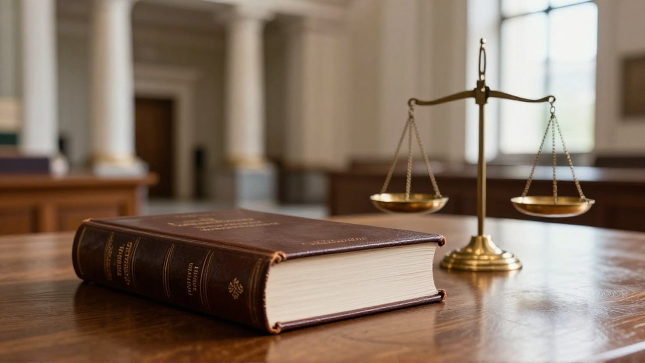 Libro de cuero sobre una mesa de madera junto a una balanza de latón en un salón con columnas de mármol.